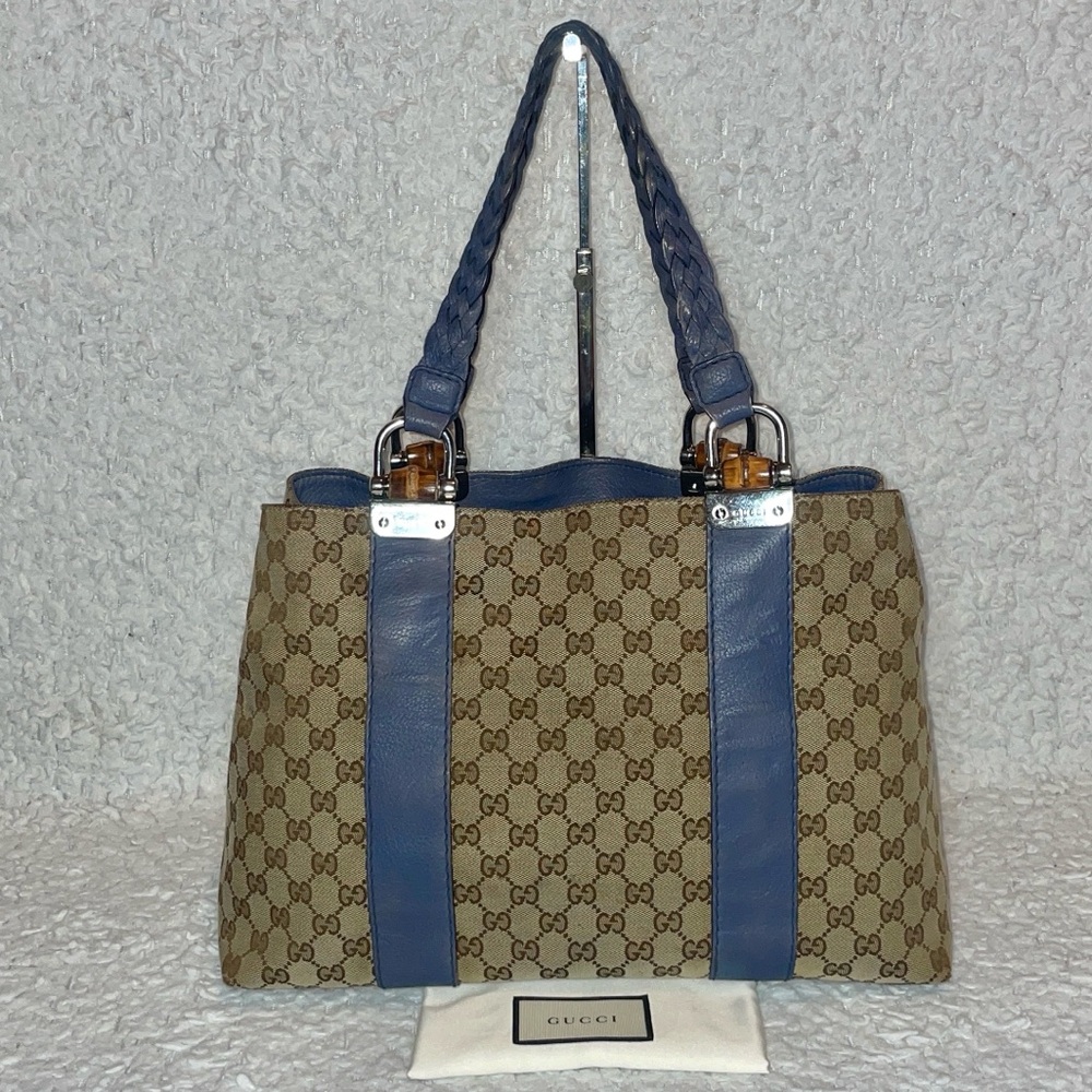 Gucci Guccissima Canvas & Sapphire Blue Leather Bamboo Large Shoulder Bag Tote
